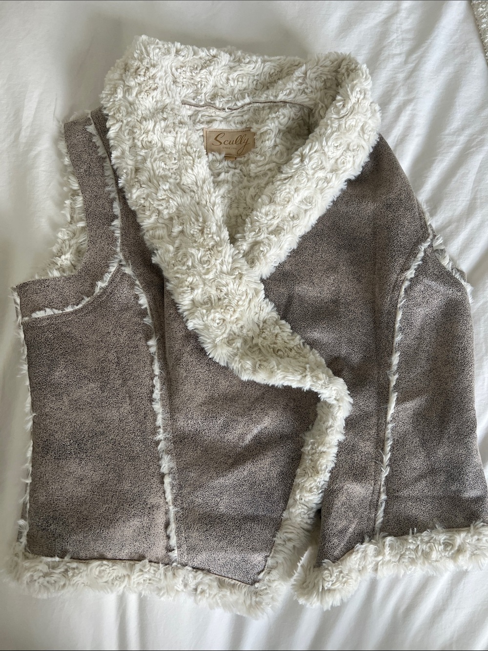 Scully Taupe Faux Suede Vest with Cream Sherpa Trim